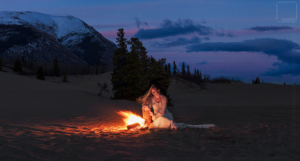 Alicia in wedding dress at Carcross Desert