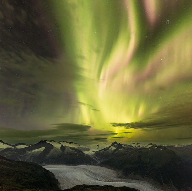 Northern Lights over the Mendenhall Glacier in Juneau, Alaska